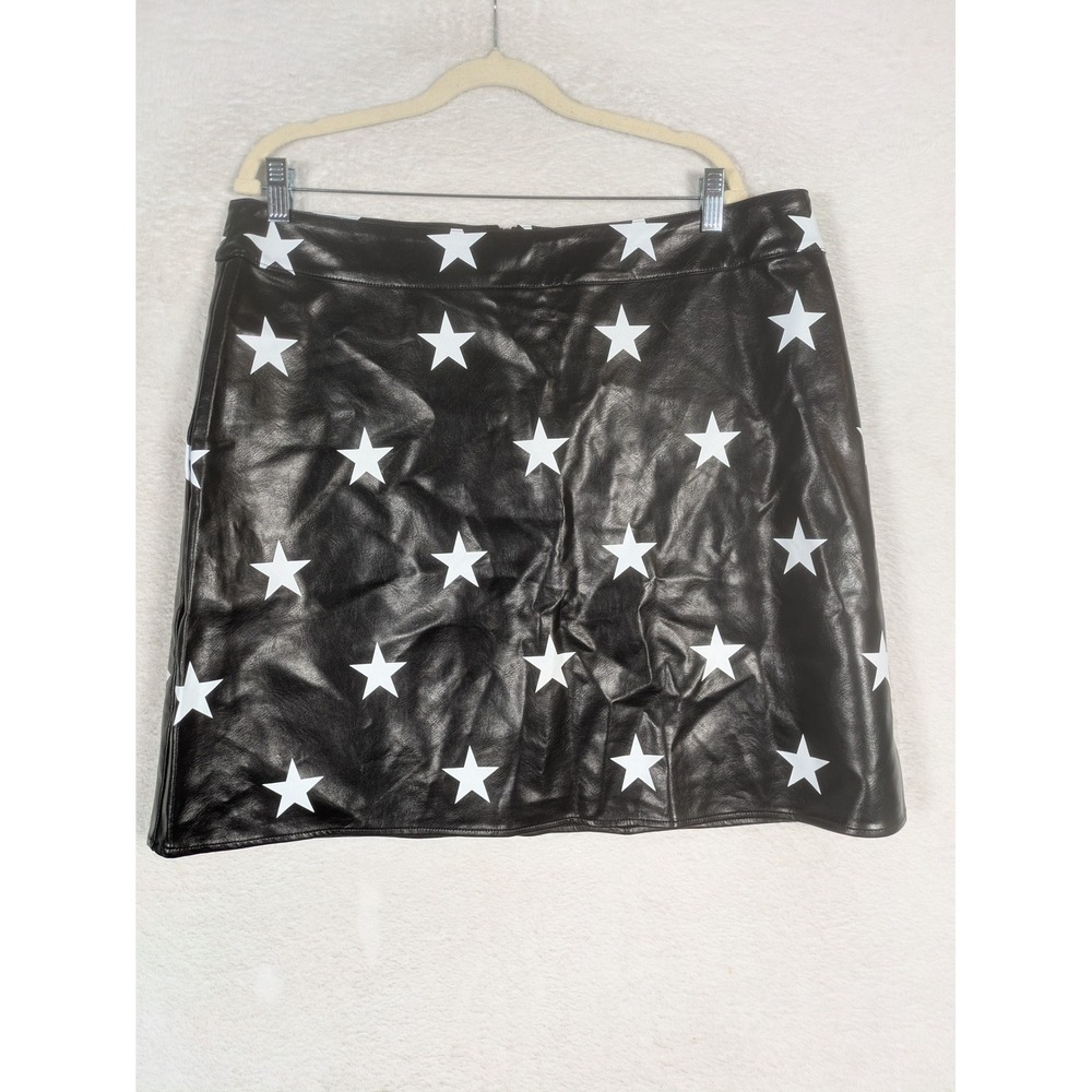 Star Print Mini Skirt Women's 3XL Black Faux Leather A-Line Zip Back
